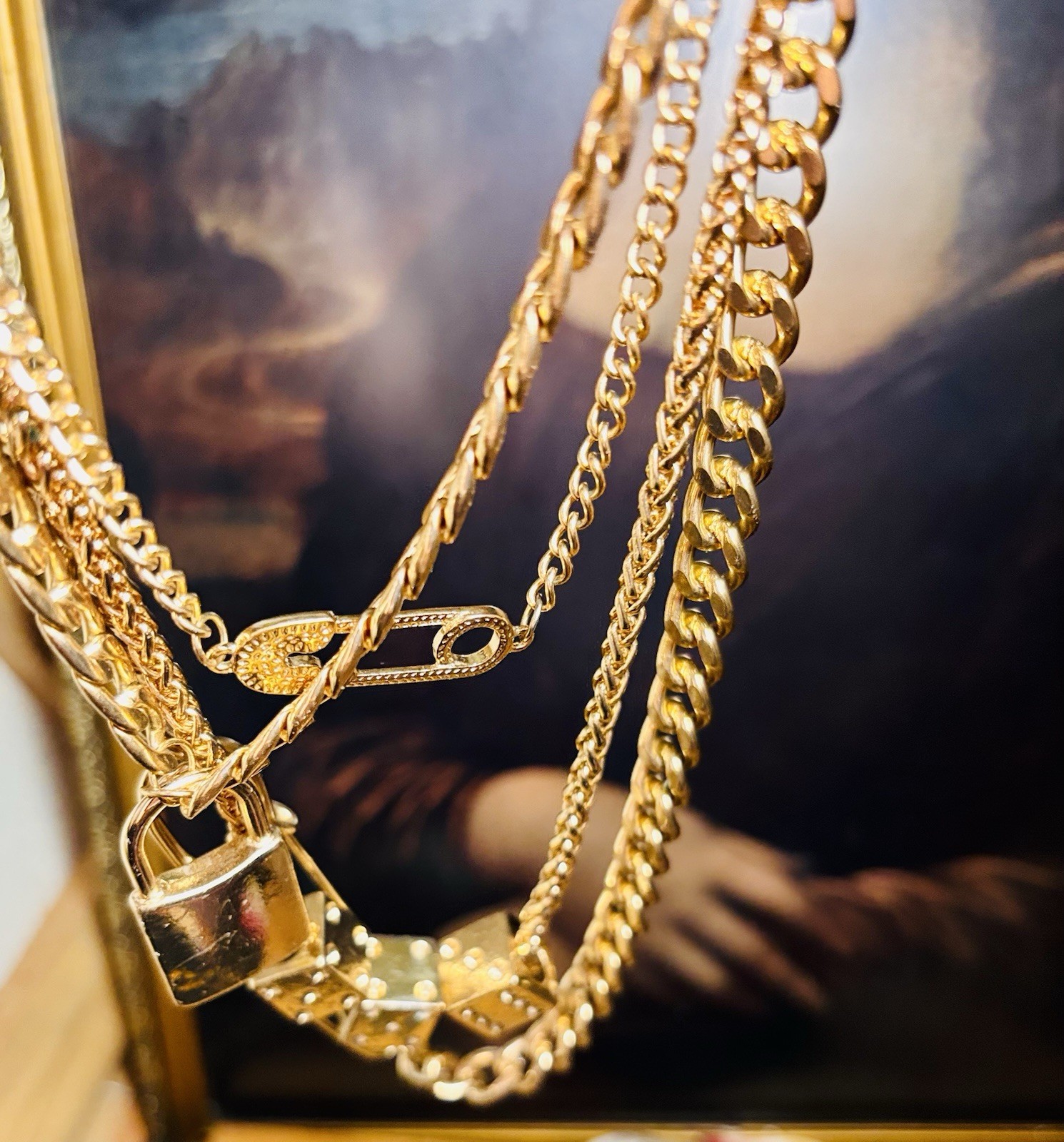 Multi Layered Gold Toned 4 Chains W/ Charms