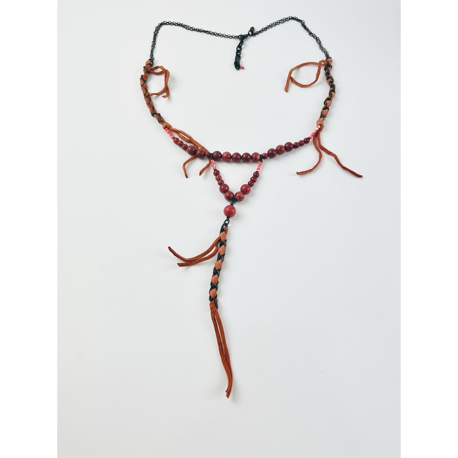 Annie Costello Brown necklace Orange Suede Leather Beaded Twisted Lariat Y Drop