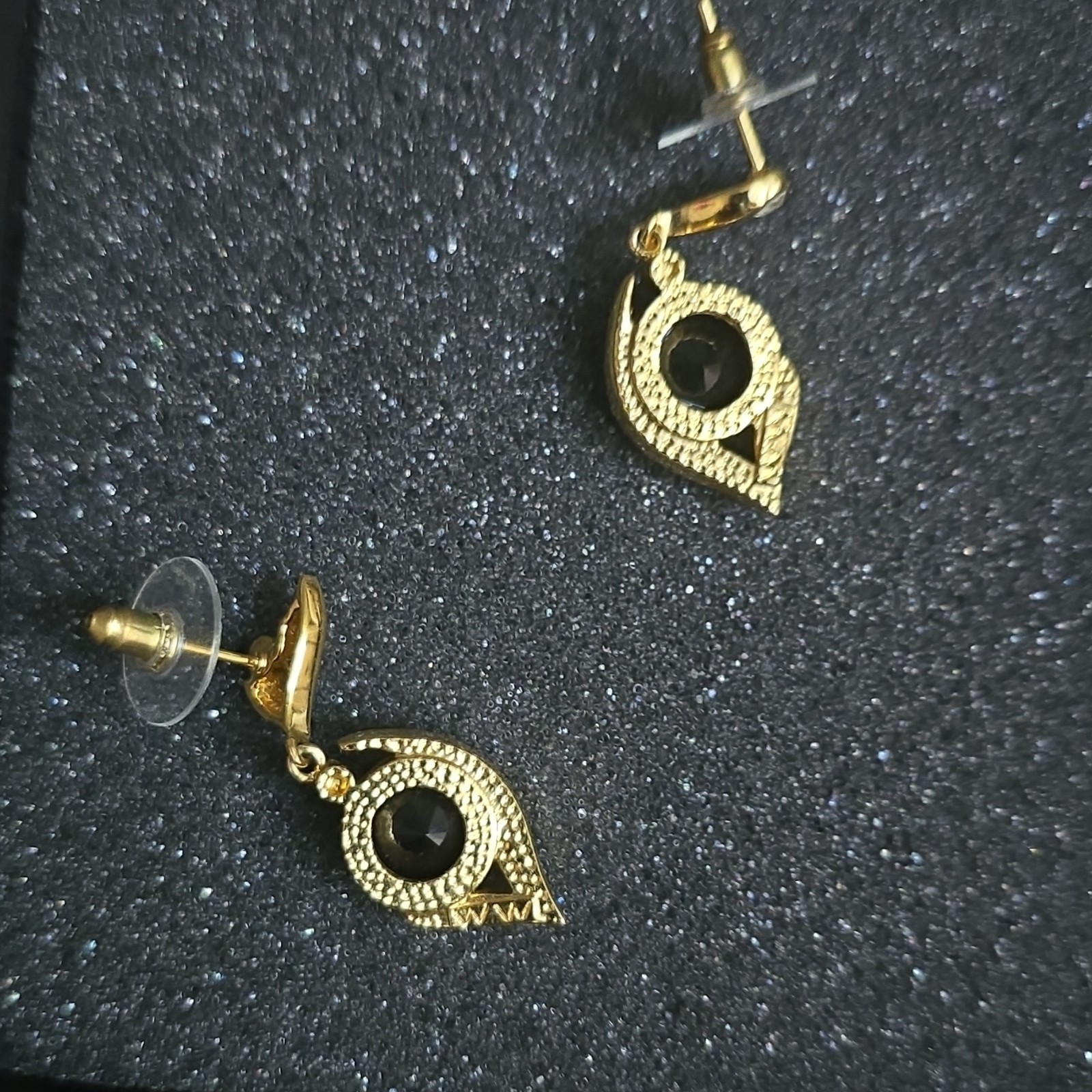 Gold Tone Black Onyx Teardrop Dangle Drop Earrings Crystal Accents Butterfly
