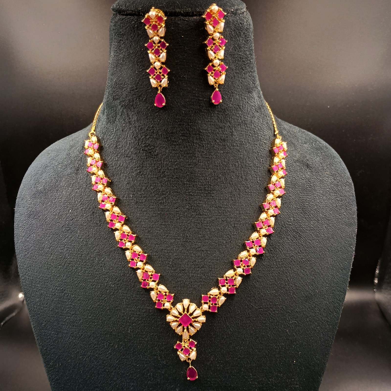 Ruby Pearl Jewelry Set 22K Gold Plated Necklace Earrings Set Wedding Partywear G
