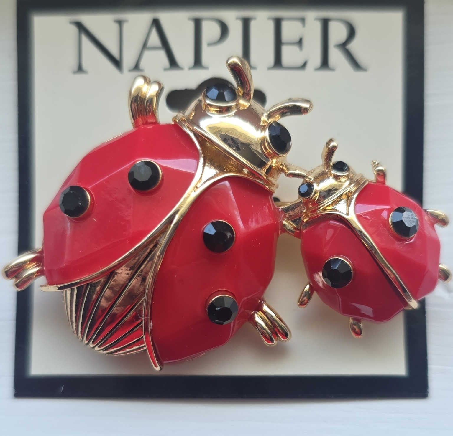 Napier Ladybug Brooch Pin Red/Gold/Black Enamel with Crystal Accents