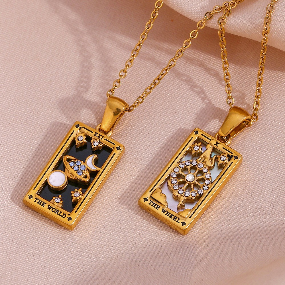 Tarot Card Rectangular Stainless Steel Enamel Zircon Fashion Pendant Necklace