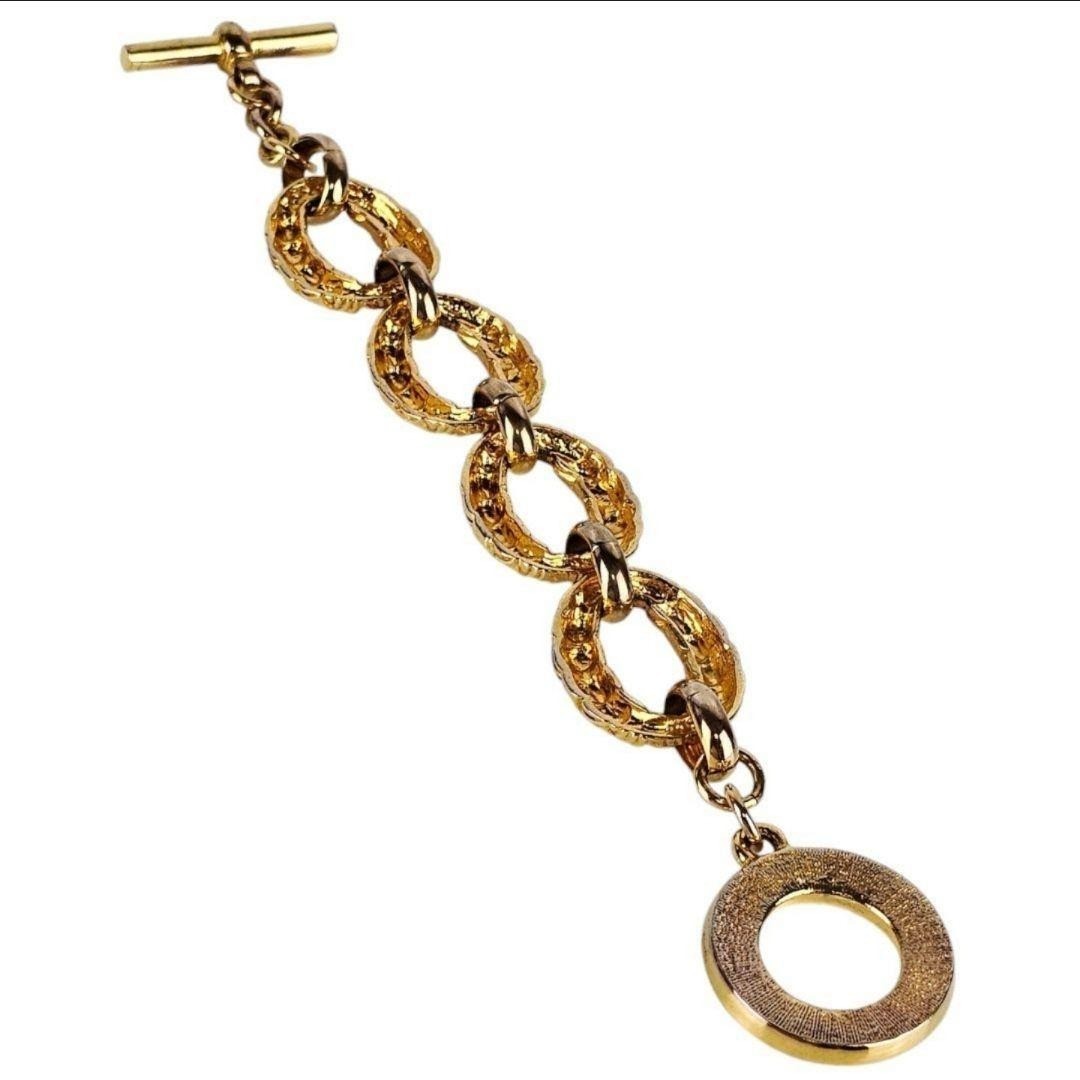 CELINE Vintage Circle Logo Toggle Bracelet Gold Tone Chunky Link w/ Dust Bag JP