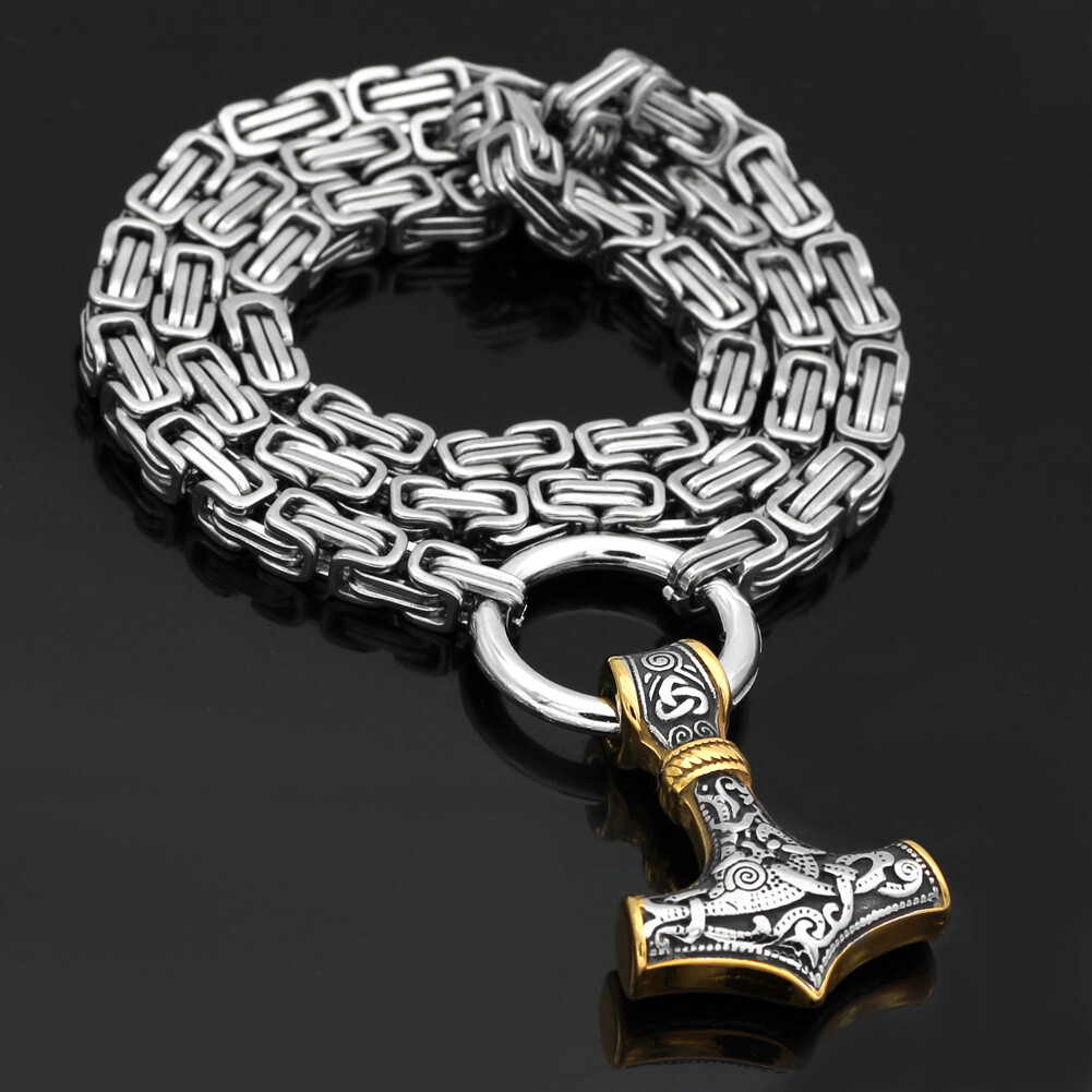 Men’s Stainless Steel Nordic Viking Wolf &Thor Hammer Mjolnir Pendant Necklace