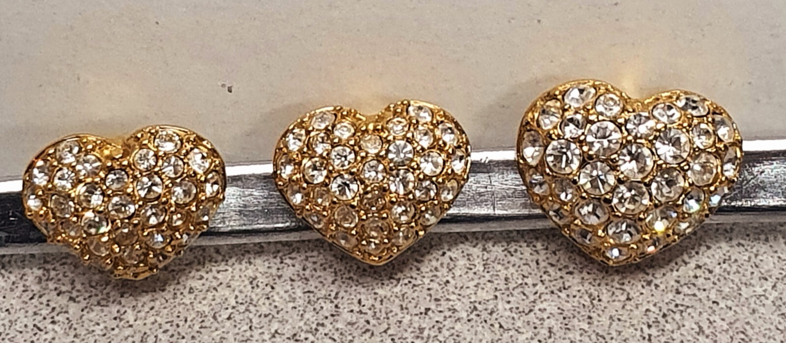 Swarovski Bracelet Charms 3 Heart Shaped Clear Crystals Gold Tone 20mm, 16mm