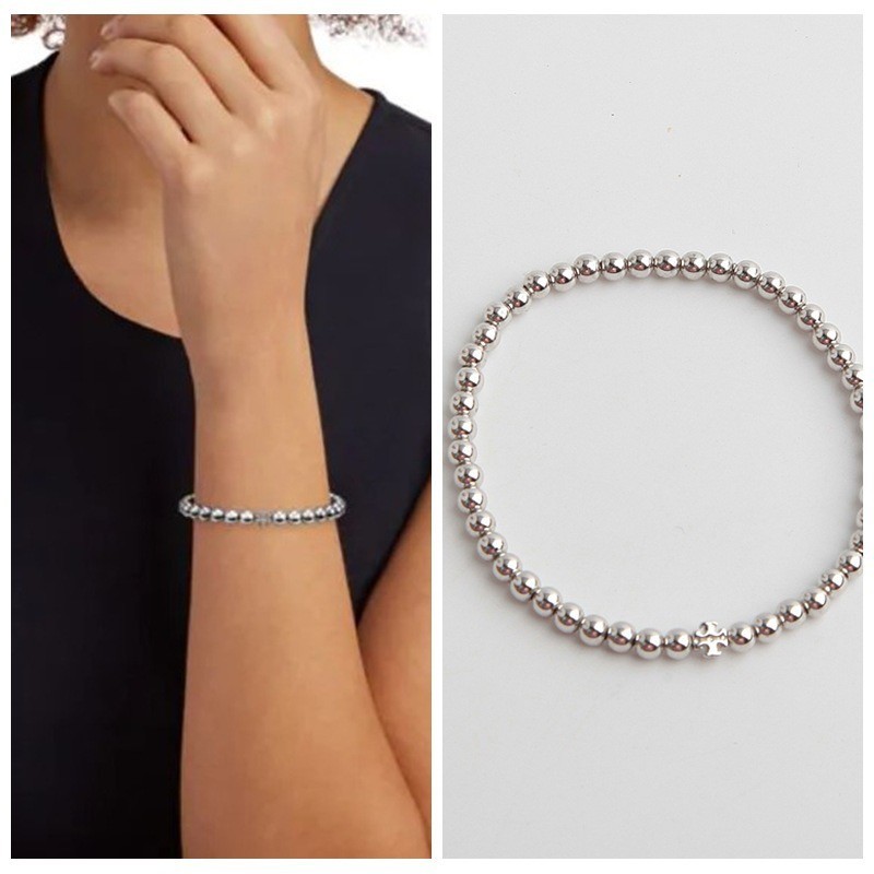New Burch Silver Beaded Stretch Elastic Bracelet Double T Logo with Jewelry Pouc