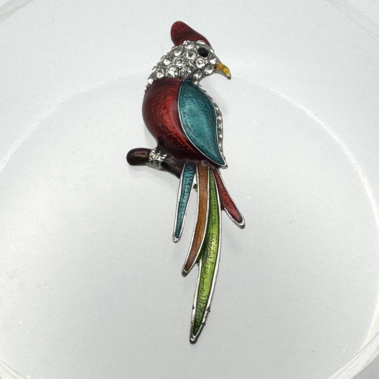Silvertone Multicolor Enameled Rhinestone Parrot Bird Metal Brooch Pin