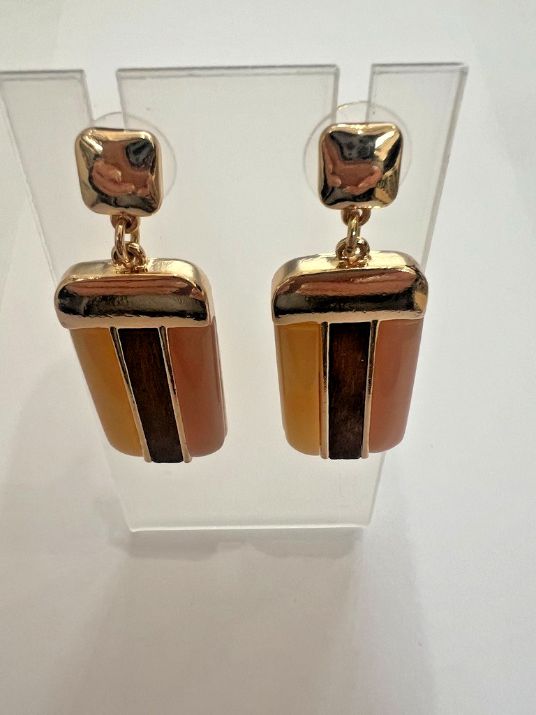 Uncas Int Gold Blush Amber Dangle Earrings Resin Wood Earth Tones 2” Vendor Smpl