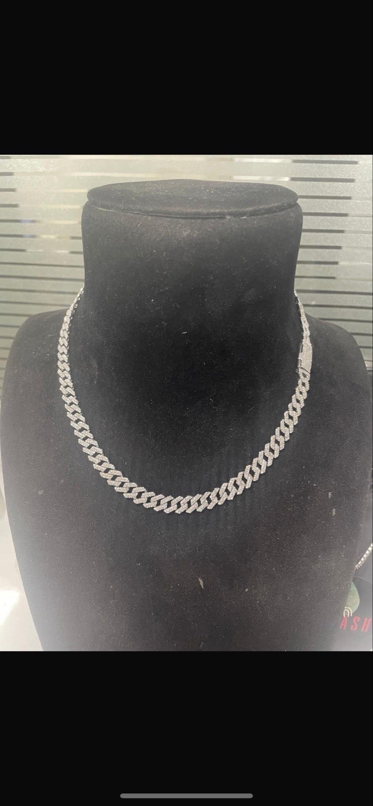 Silver Cuban Link Chain Necklace, diamond natural vvs, Clear Pavé Ice 18inch 9mm