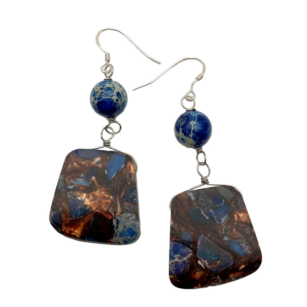 Graduated Trapezoid Bluem Sea Sediment Jasper Dangle Earrings Silver Hook