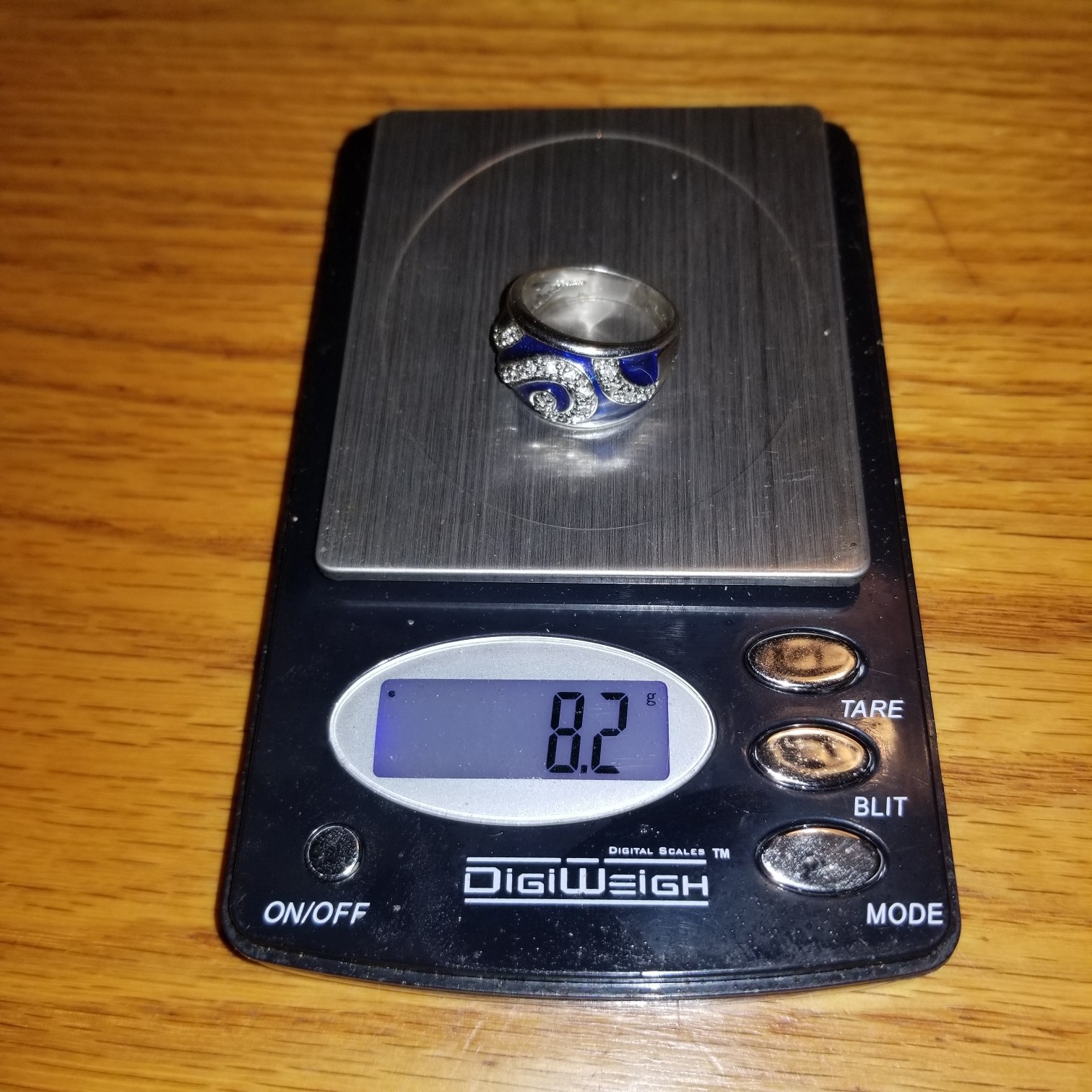 Vintage Hildago? Blue Enamel CZ Wave Ocean 925 Band Ring Sterling Silver 8.2 G