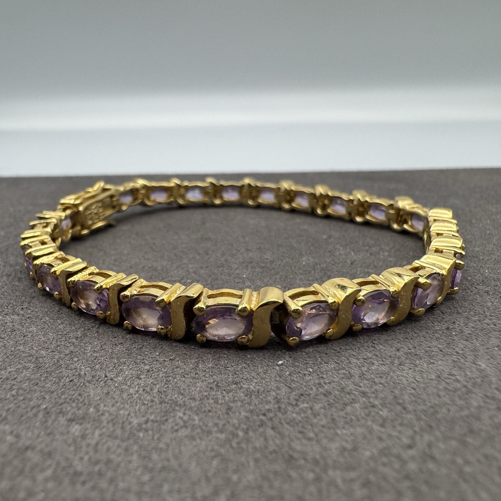 HAN THAI 925 Sterling Silver Gold Tone Oval Amethyst S Link Tennis Bracelet