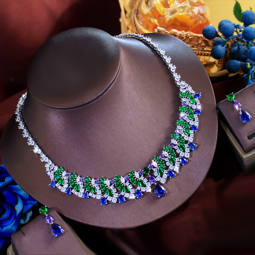 Women Blue Drop Multicolor Necklace Earrings Silver Plated CZ Bridal Jewelry Set