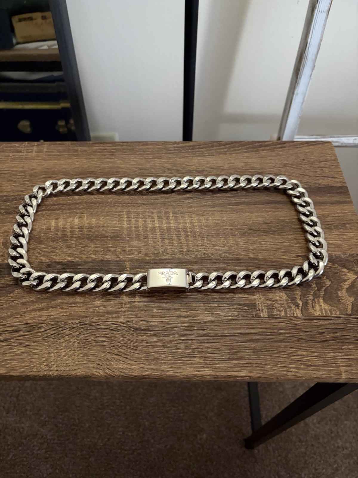Rare Prada Silver Tone Jumbo Curb Chain Link Necklace Belt With Box Clasp, Great