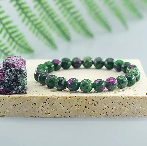 Natural Ruby Zoisite Bracelet 8mm Round Bead Anyolite Gemstone Women Gift 7 inch
