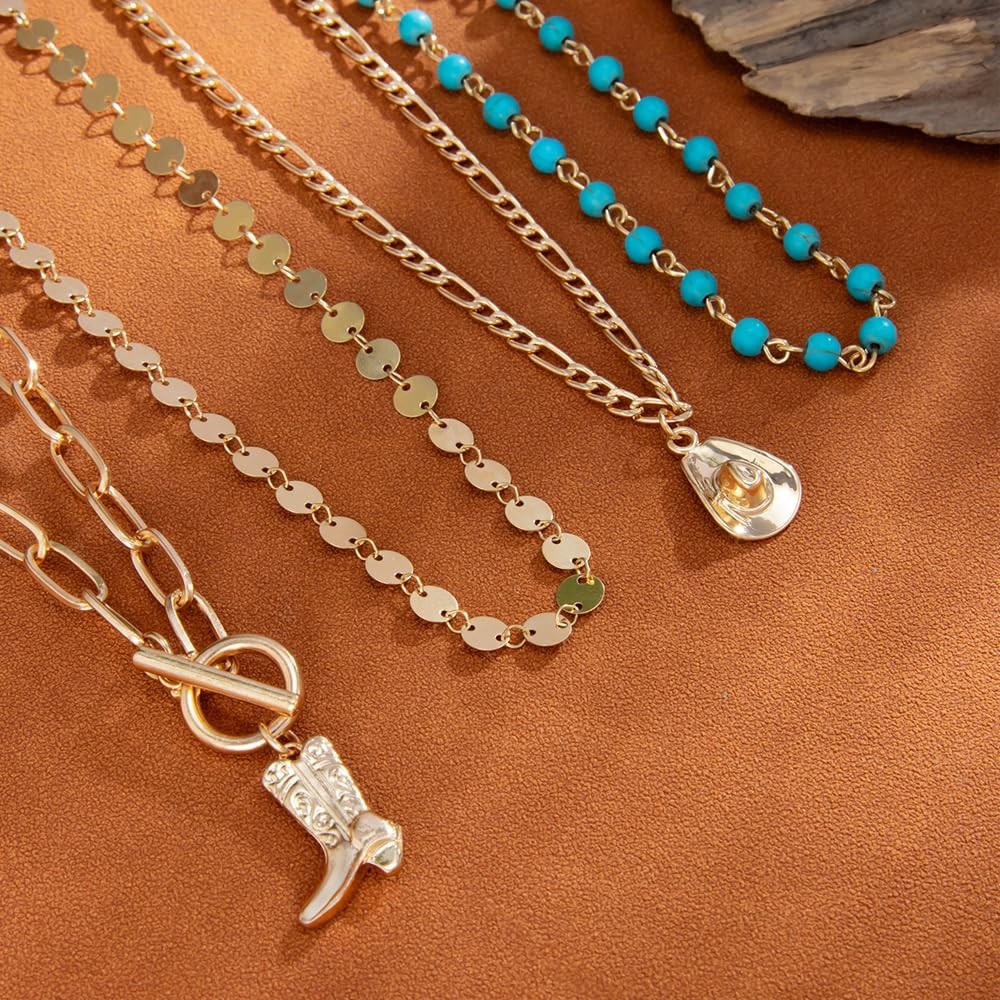 Western Layered Necklaces for Women Boho Turquoise Beaded Chain necklace Cowg…