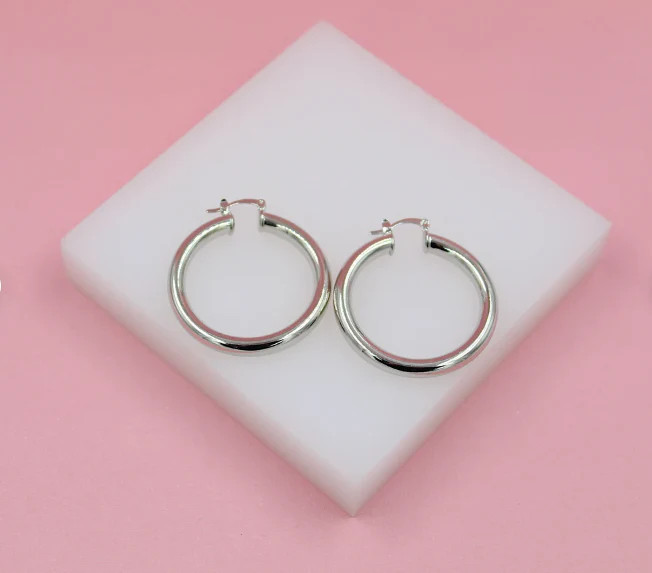 18K Rhodium Filled 5mm Latch Back Wide Hoop Earrings (J11-13)