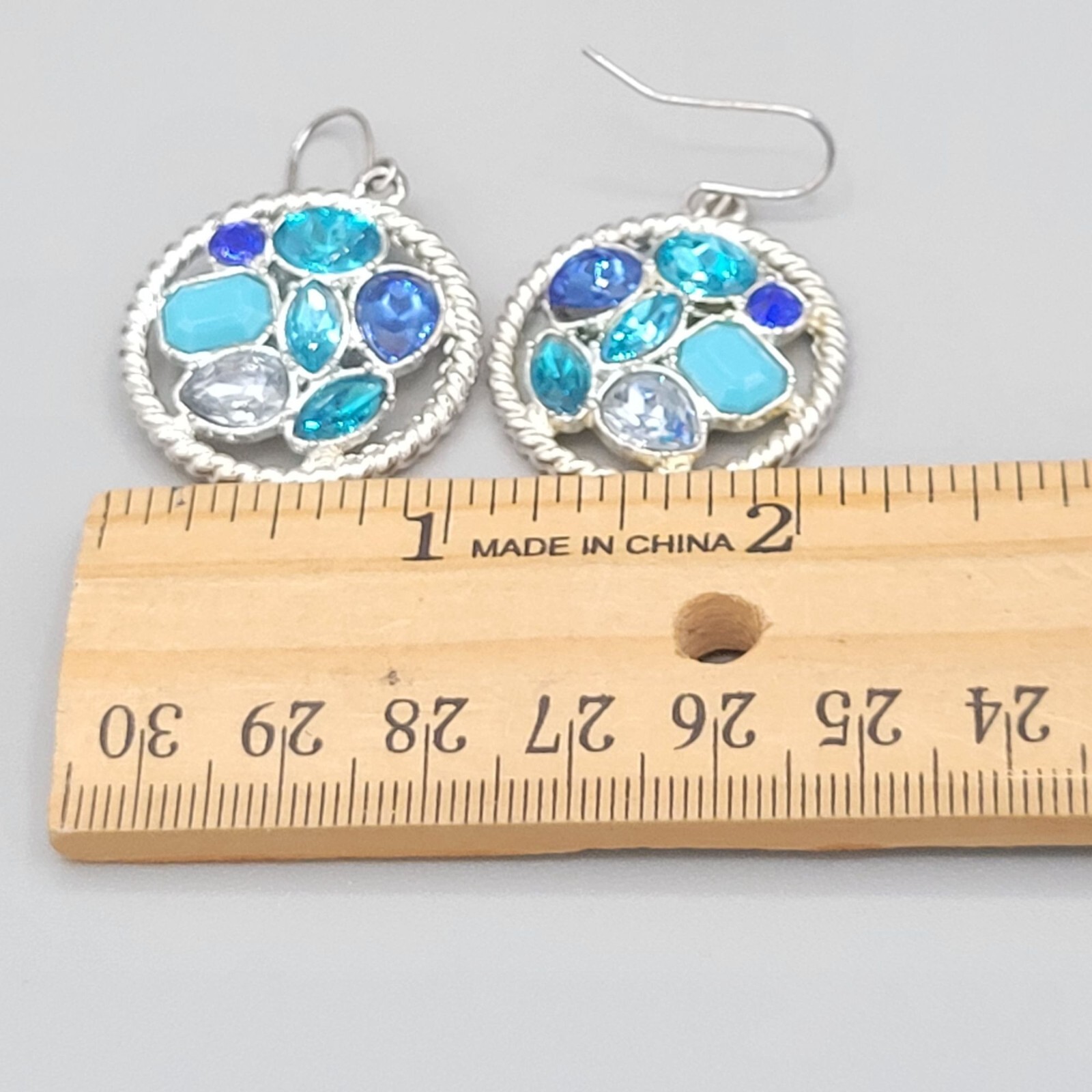 Womens Silver Tone Round Earrings With Blue White Beads Fish Hooks 1 in Diameter