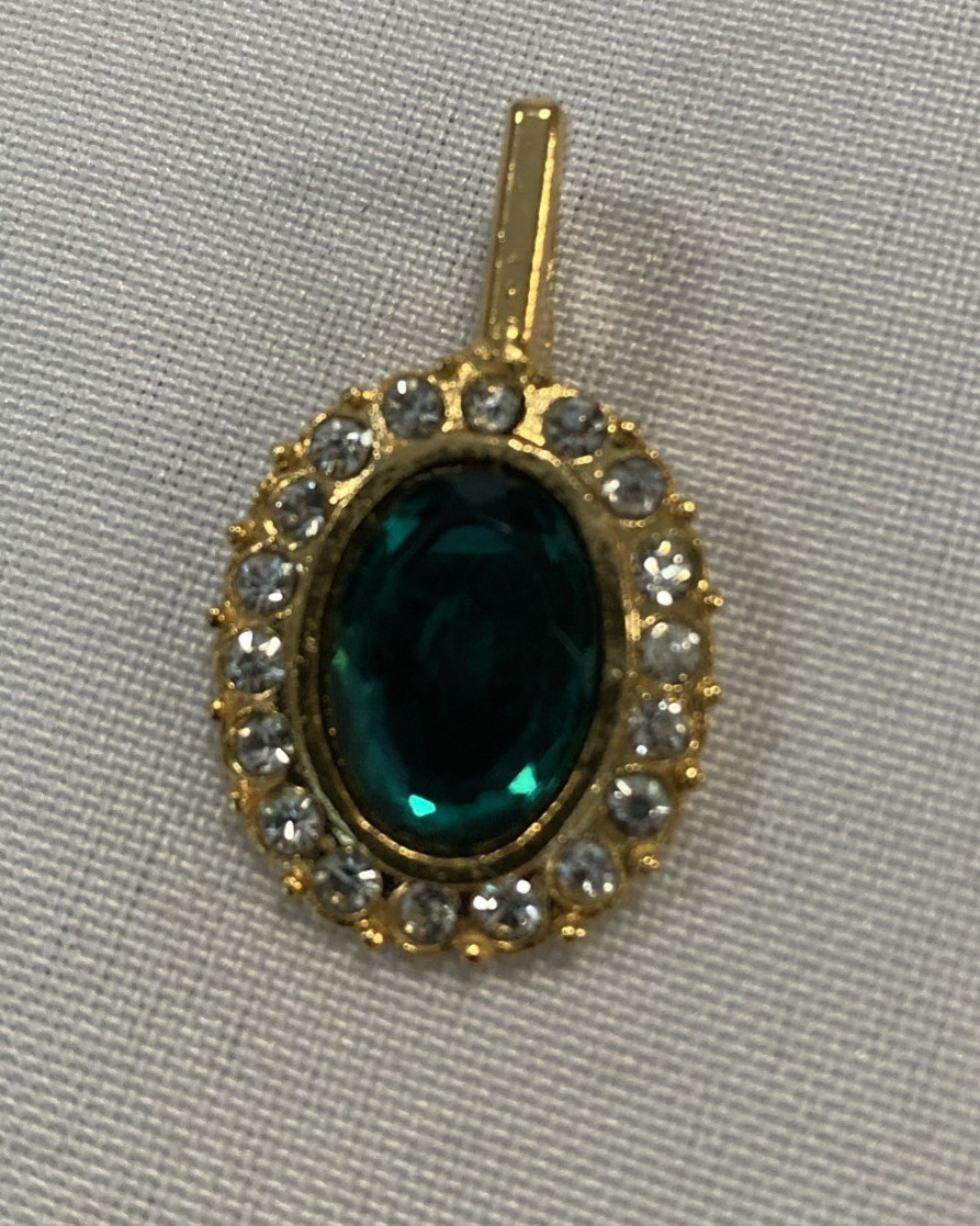 Pendant Gold Tone Faux Emerald Rhinestone 1.25 x .75″ Irish