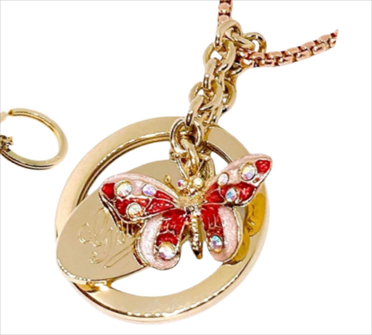 GUCCI Butterfly Charm Gold-tone Rhinestone Red Pink Third Party Chain: 23.6 in.