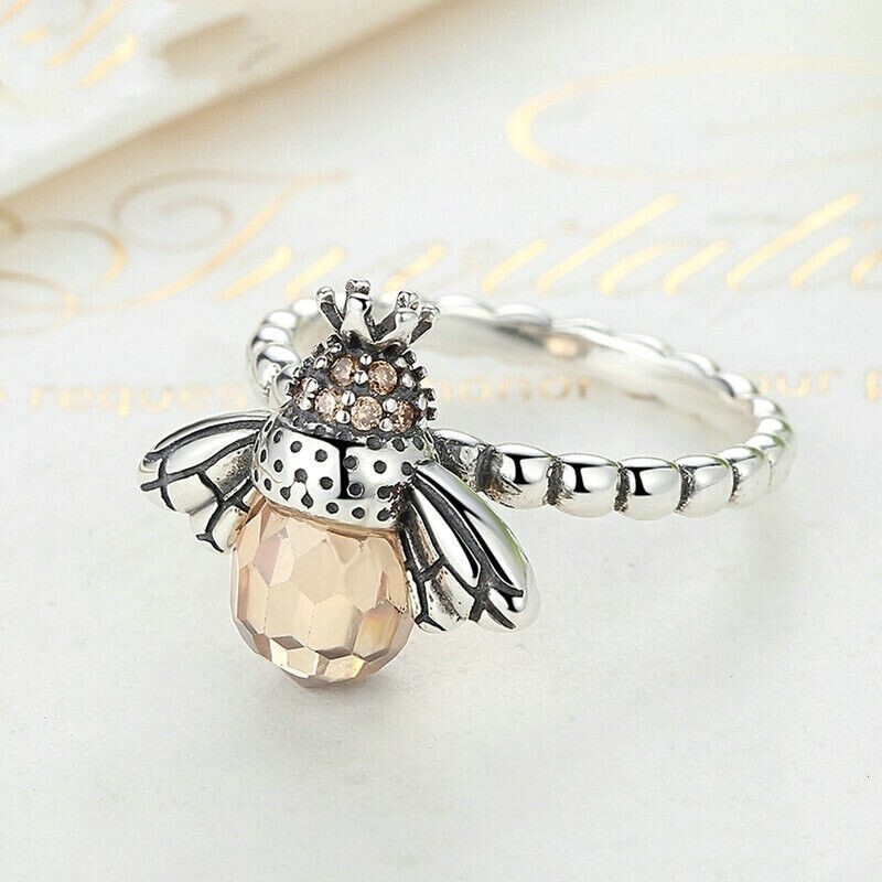 Champagne Solitaire Crystal Queen Bee Silver Ring Band Size 6 – 11 Free Gift Box