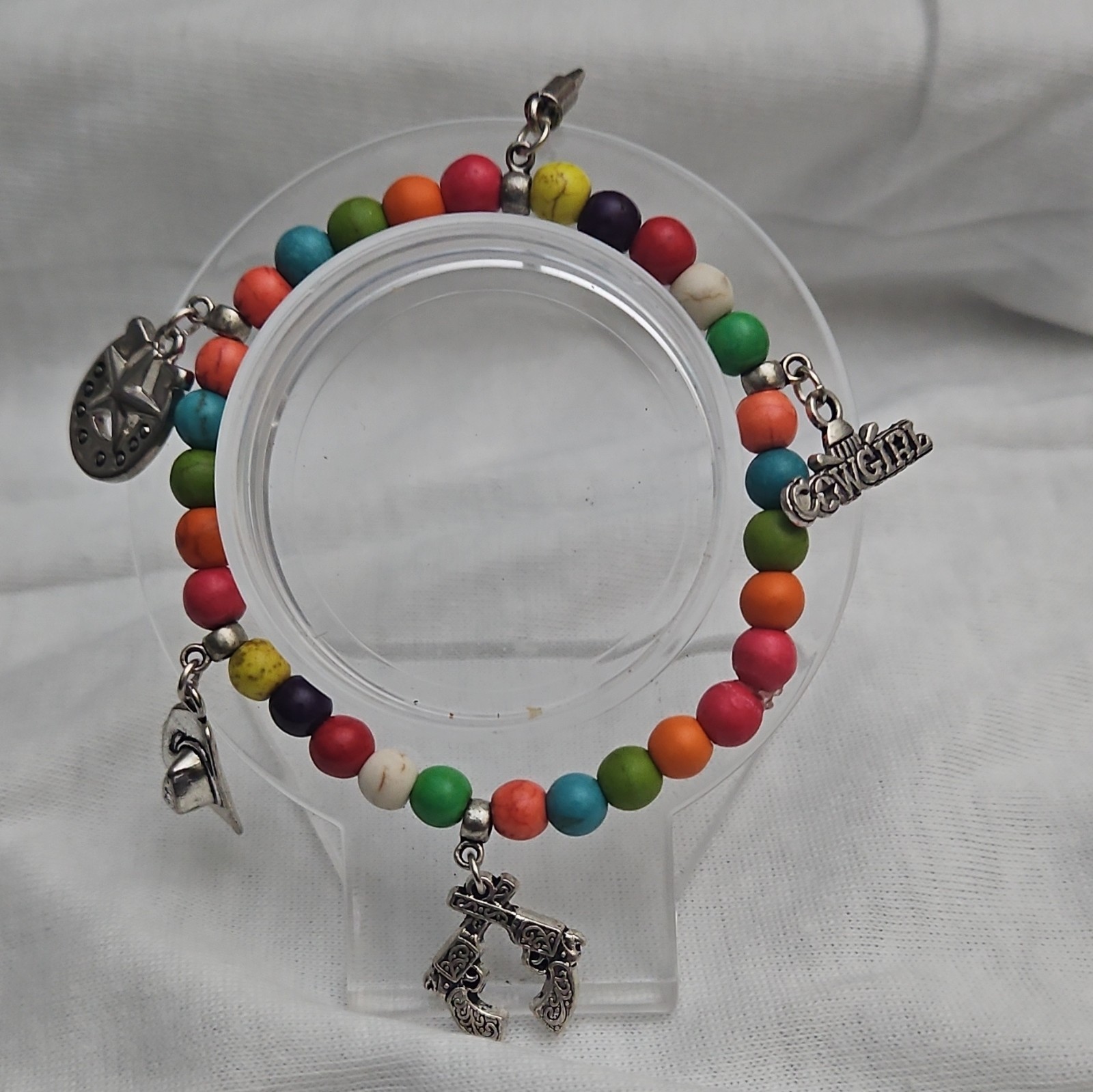 Multicolor Howlite Turquoise Beaded Western Charm Bracelet Stretchy Size 7-7.5