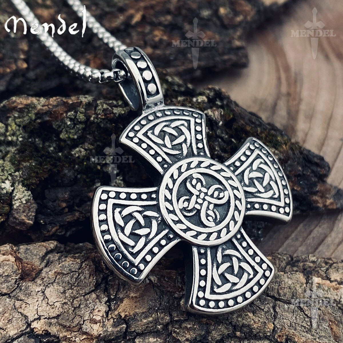 MENDEL Mens Stainless Steel Celtic Trinity Knot Triquetra Cross Pendant Necklace