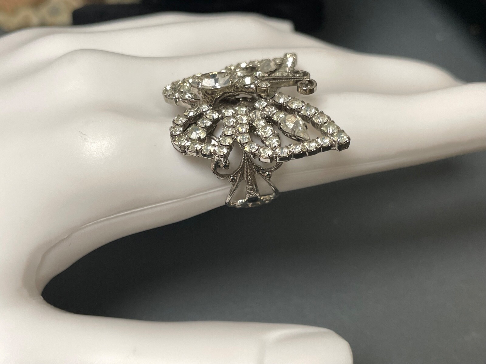 Signed Tiara Misu butterfly Ring Silver Toneotnate filigree 6 7 8 9 rhinestone
