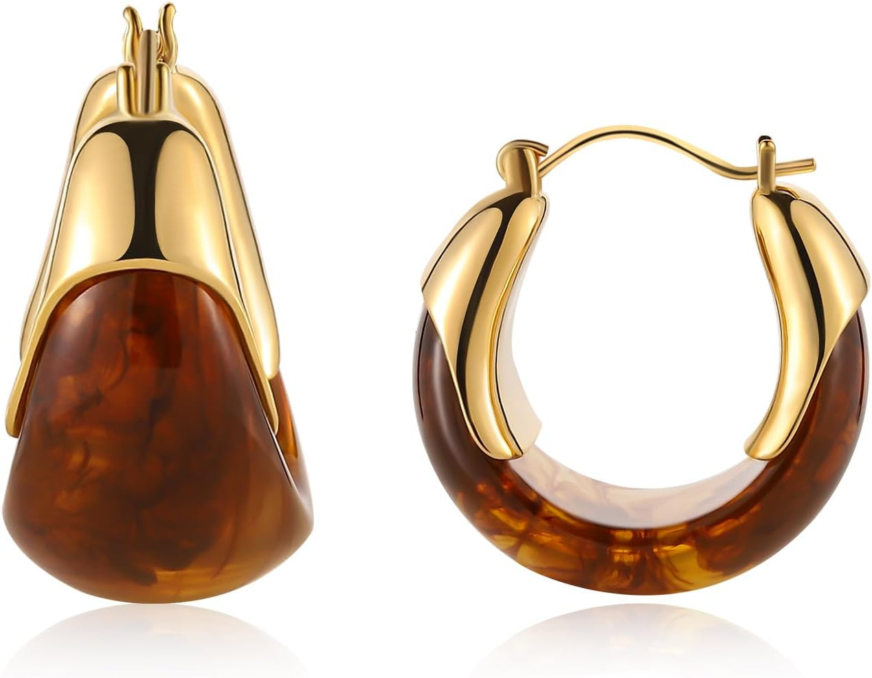Amber Resin Hoop Earrings for Women 14K Gold Plated – Hypoallergenic Chunky Gold