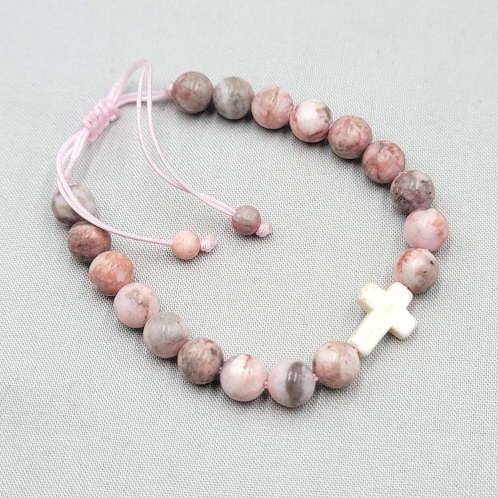 Pink & Gray Agate Bead White Stone Cross Bracelet Elastic Side Adj Pink Cord