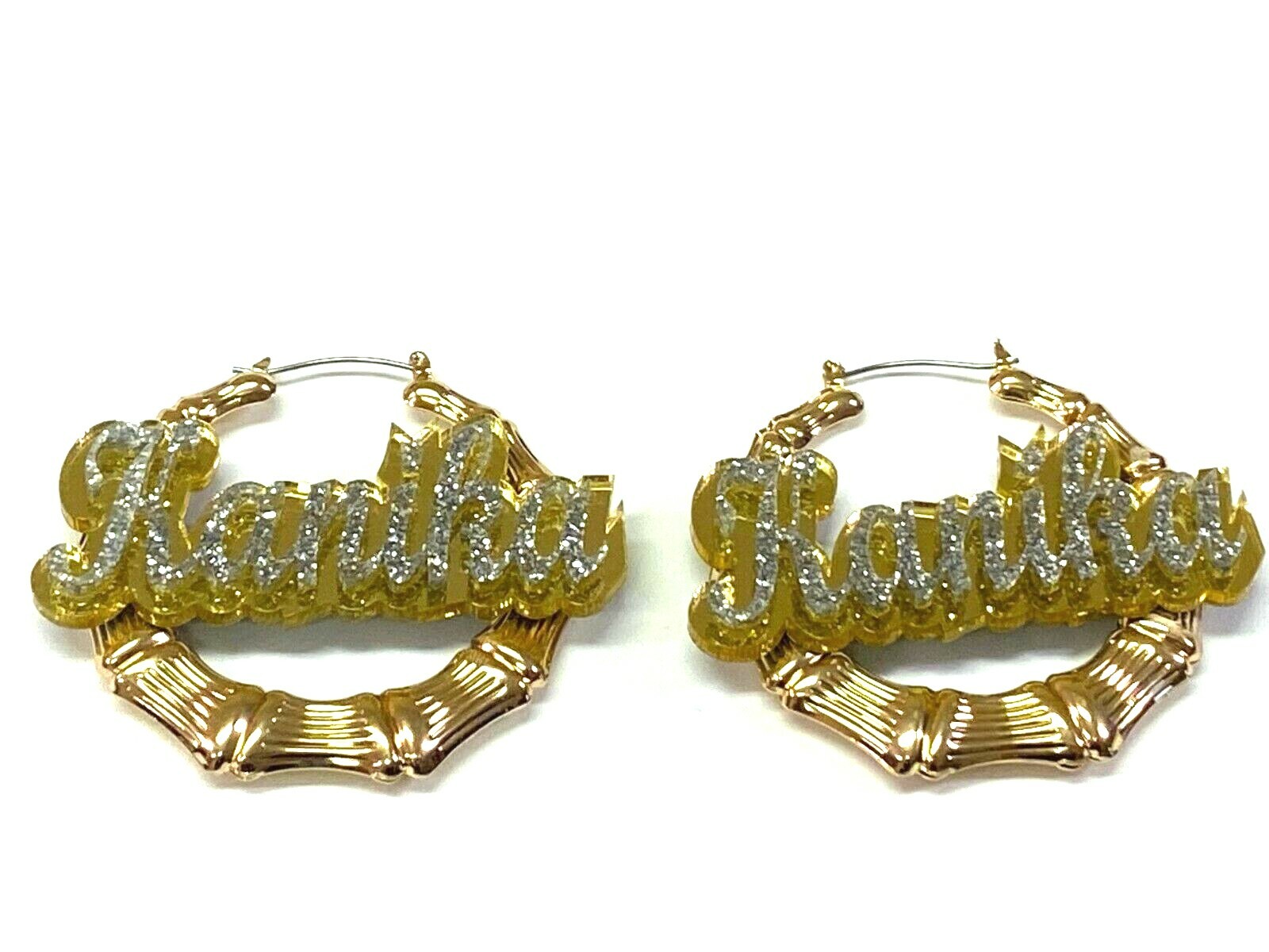 Personalized Custom Gold Bamboo Earrings 2.5″ Name Plate Laser Cut Diamond Look