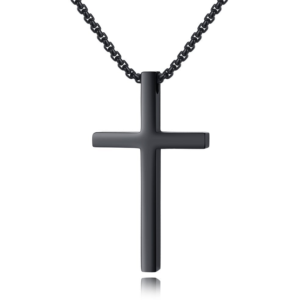 Men Women Cross Necklace Stainless Steel Boy Simple Plain Pendant Box Chain Gift