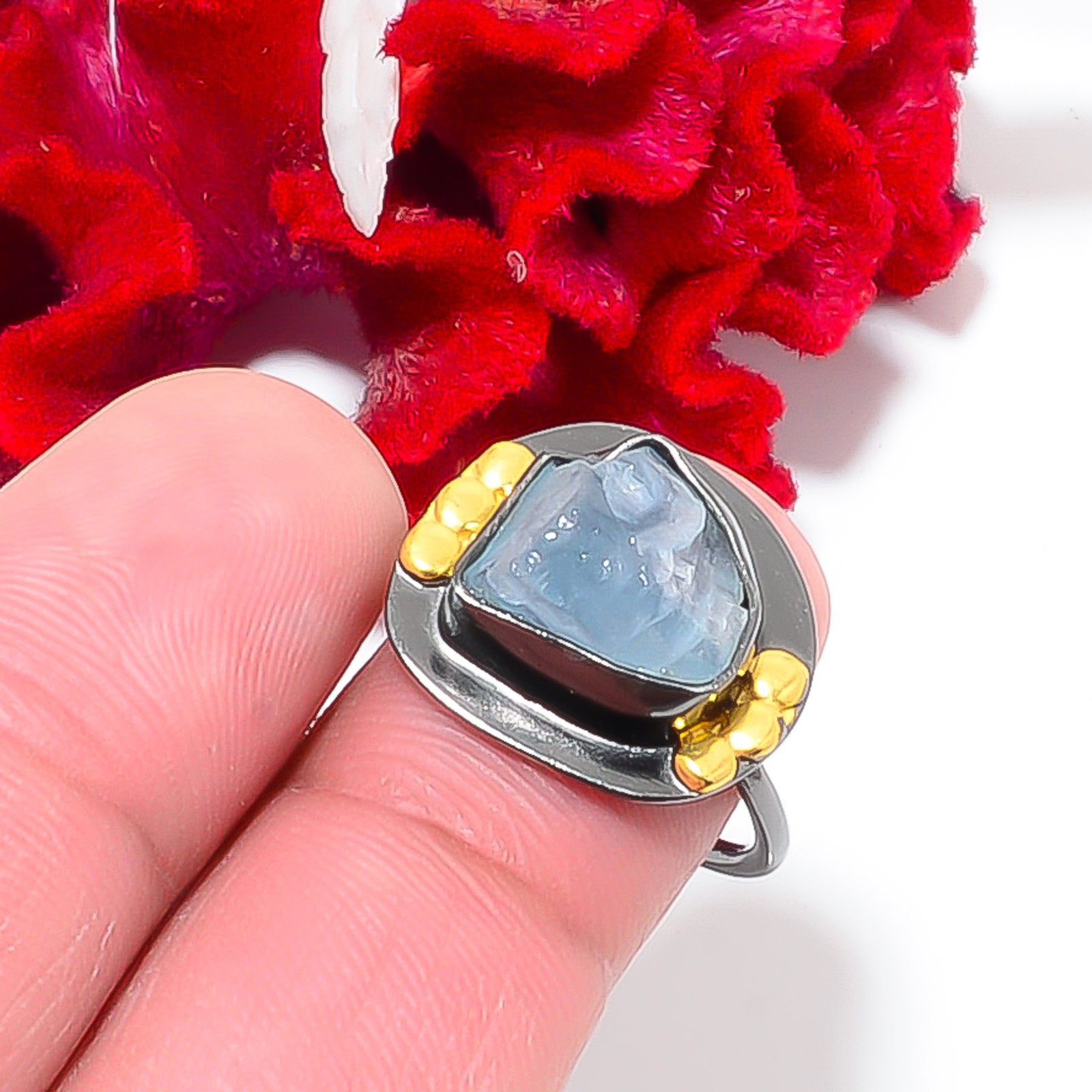 Aquamarine – Brazil Black And Gold Plated 925 Sterling Silver Ring S.8 R844137