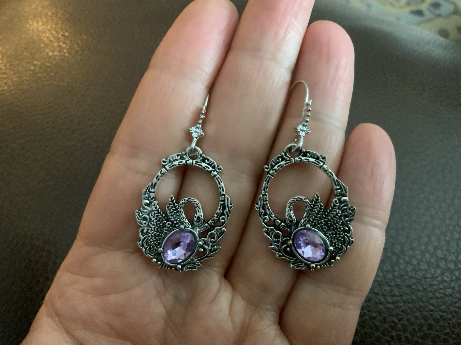 Silver Bird Swan Amethyst Earrings Filigree Gothic Boho VTG Antique Victorian CZ