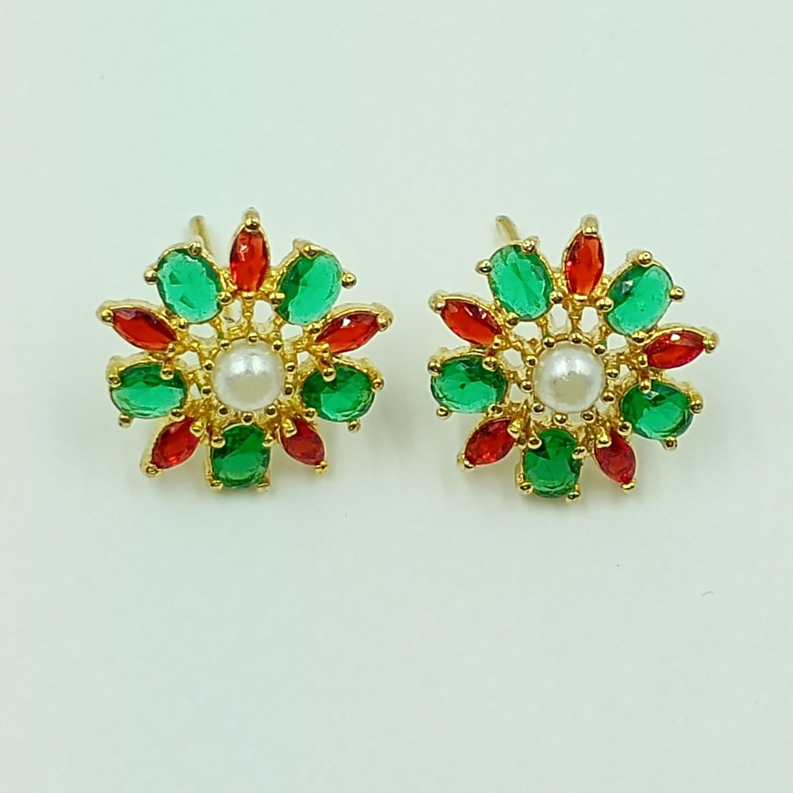 Elegant Ruby Emerald Pearl Stud Earrings 22k Gold Plated Indian Ethnic Jewelry