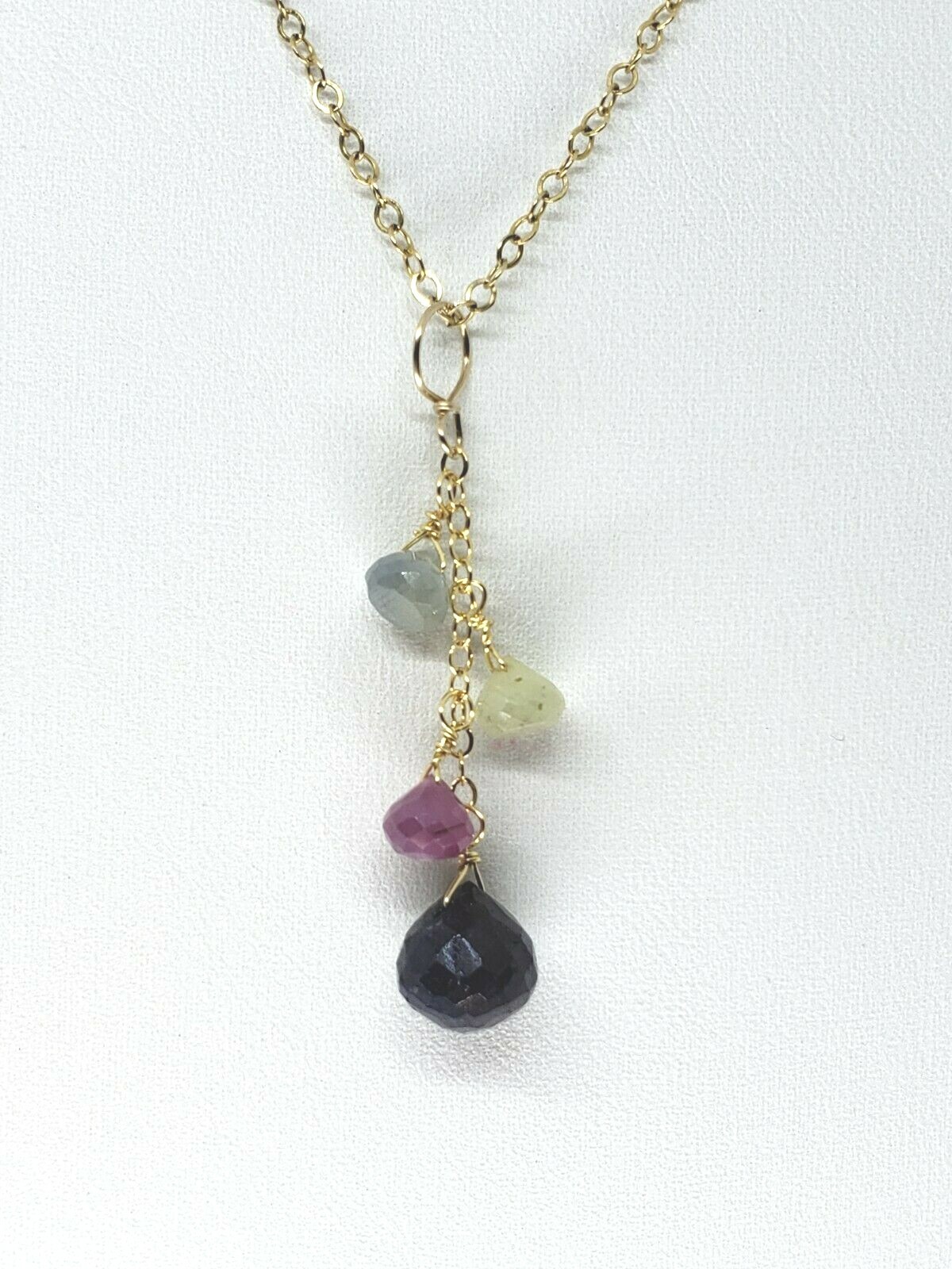 14k Yellow Gold Blue, Pink and White Sapphire Briolette Cluster Dangle Pendant