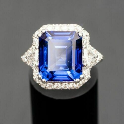 6Ct Simulated Sapphire Diamond Halo Engagement Ring 14K White Gold Plated Silver