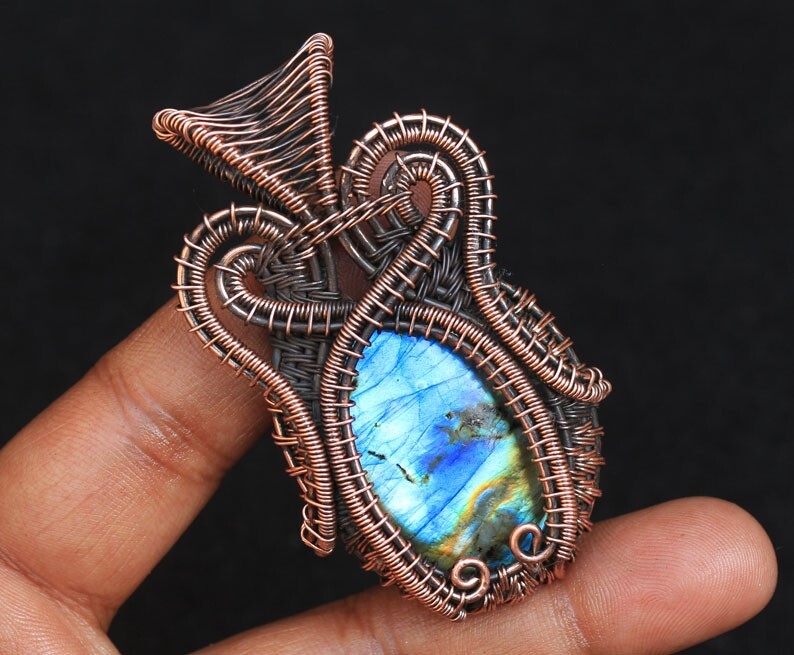 Rare Blue Flash Labradorite Copper Wire Wrap Pendant Jewelry For Gift N232