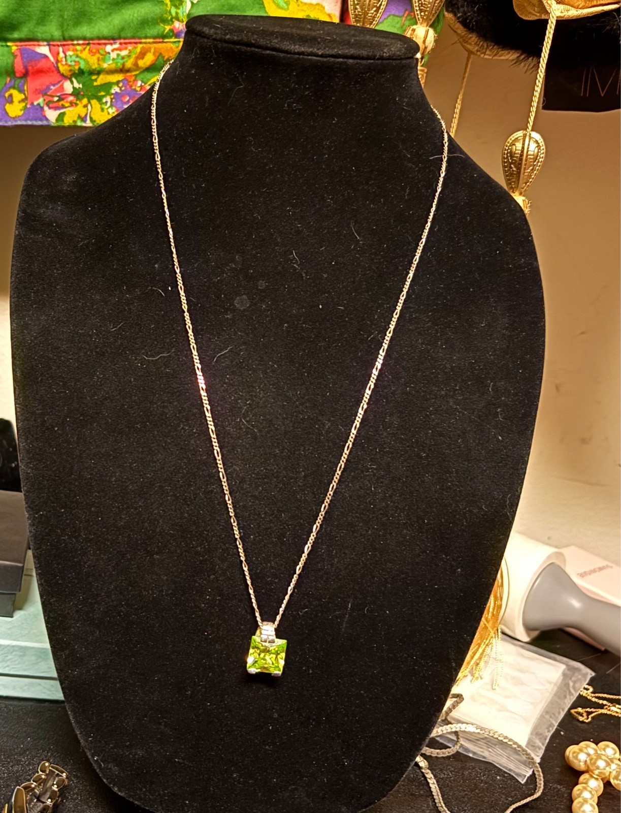 925 Silver Emerald cut faux Peridot necklace 24″