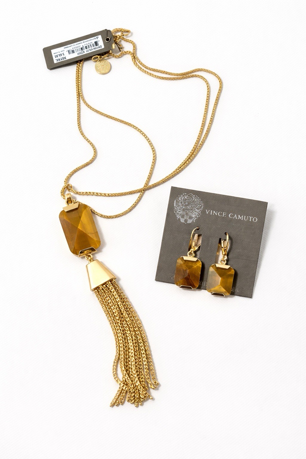 Vince Camuto Gold Tassel Necklace & Earrings Set Tiger Eye NWT Statement