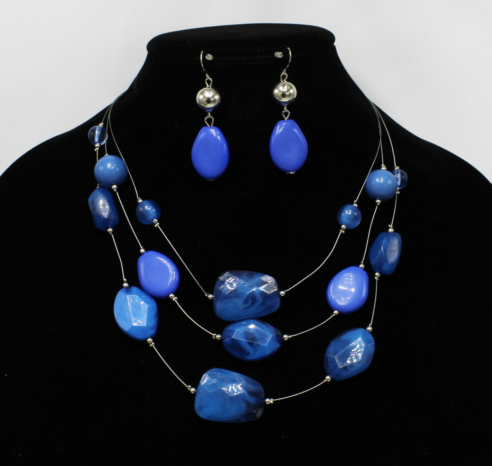 New Multi Row Necklace & Earring Set with Deep Blue Acrylic Beads #N2627