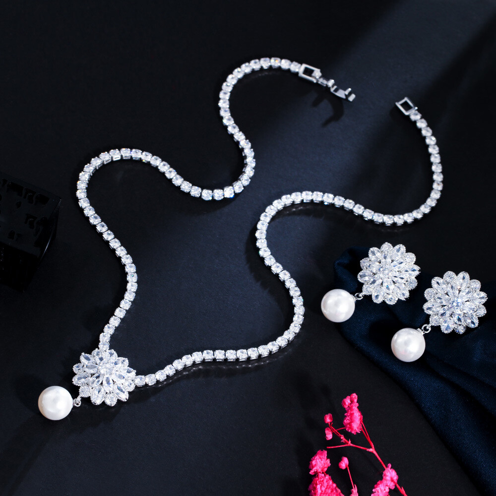 Silver Plated Long Drop Earrings Wedding Necklace Cubic Zirconia CZ Jewelry Set