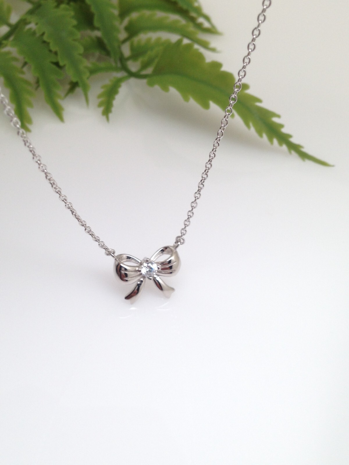 Silver Bow Pendant Necklace Sterling Silver 925 CZ Tiny 12mm 15.25-17.25″