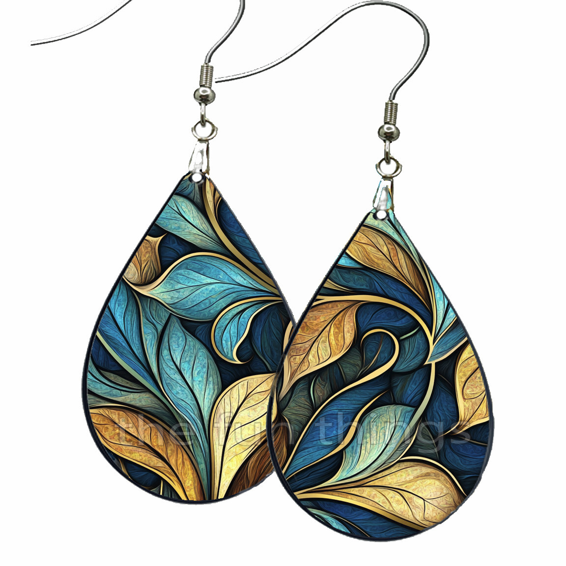 Abstract Art Print Leaves Dangle Earrings Teardrop NO TARNISH Wood Handmade Gift