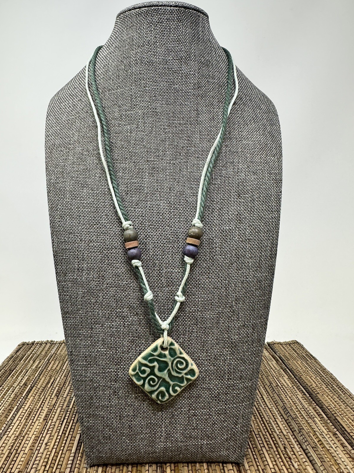 Green Spiral Bohemian Handmade Necklace with Square Engraved Pendant