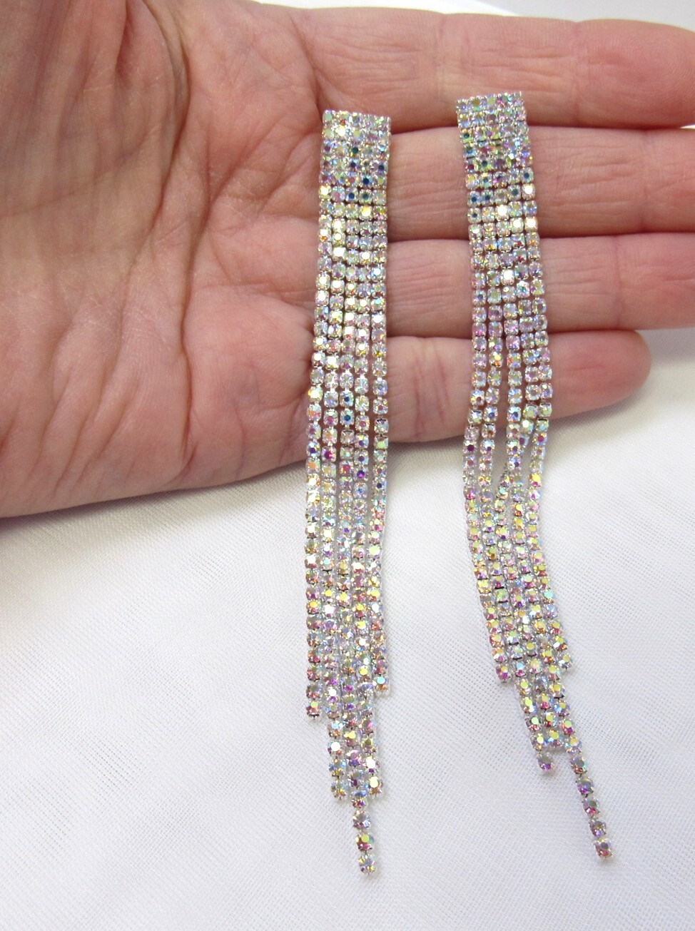 Long Silver Iridescent Rhinestone Sparkle Strand Earrings Wedding Prom #3122
