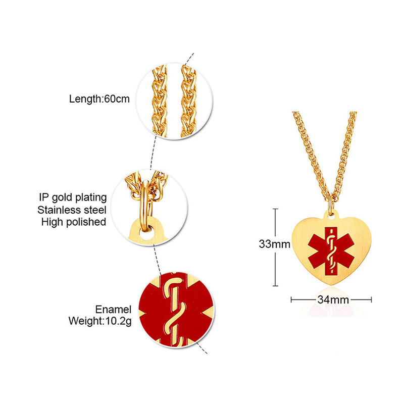 Medical Alert ID Women Men Necklace Love Heart Pendant Personalized Engraving