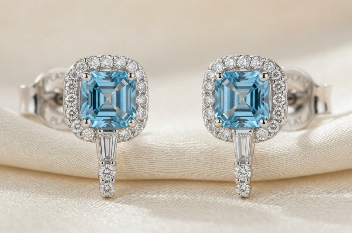 6ct Asscher Cut Simulated Aquamarine/Diamond Halo Drop Stud Earrings 925 Silver