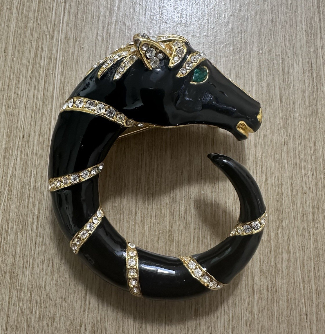 Vintage Unsigned Ciner- Enamel Horse Head Brooch Pinback with Pavé Rhinestones