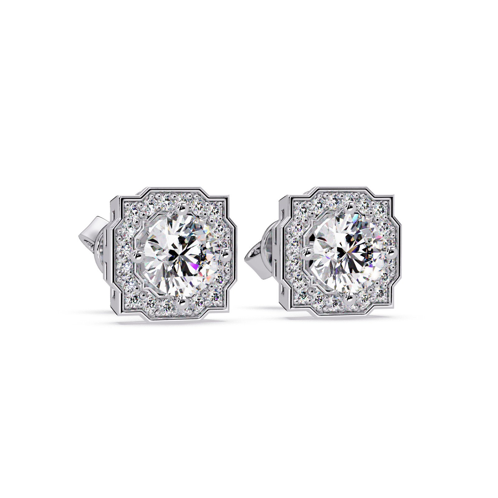 Round Lab Grown Diamond Square Halo Stud Earrings 1.15 CTW DEF VVS VS 925 Silver